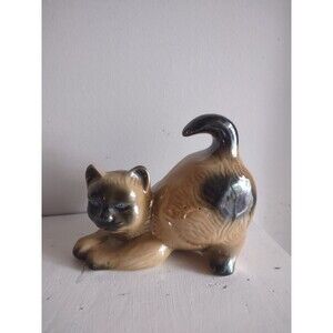 Vintage Fat Cat Figurine from Brazil, Siamese Cat Blue Eyes